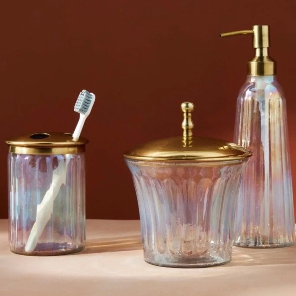 Anthropologie Lustrous Canister Iridescent Glass Gold‎ Lid 6.5